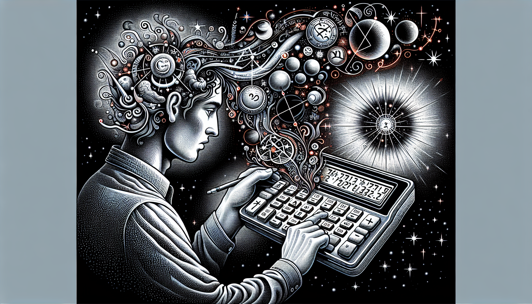 Illustration of a person using a calculator with planetary symbols