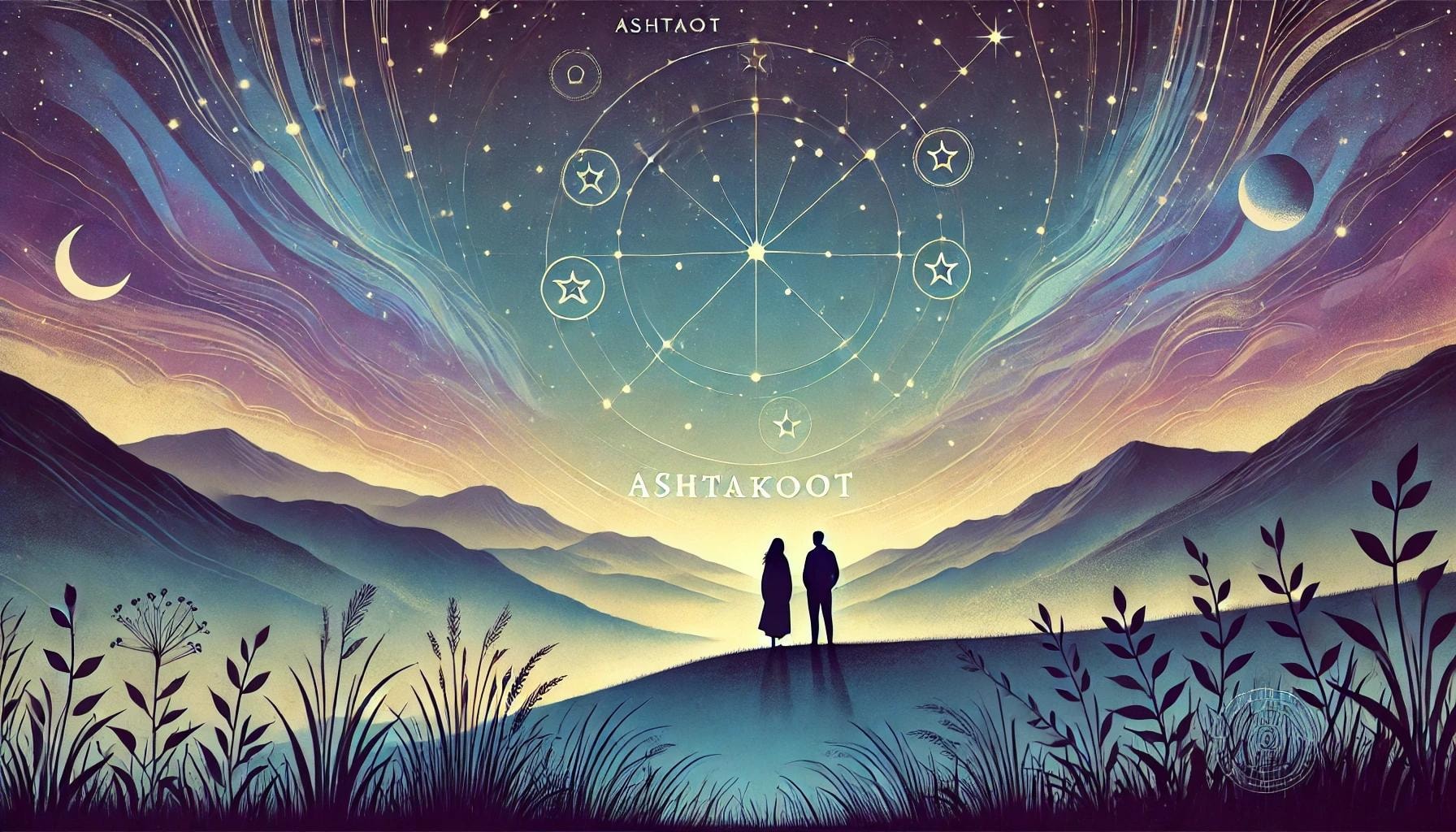 Vedic Astrology에서 Ashtakoot의 8 가지 호환성 요소를 보여주는 별이 빛나는 하늘 아래 두 사람