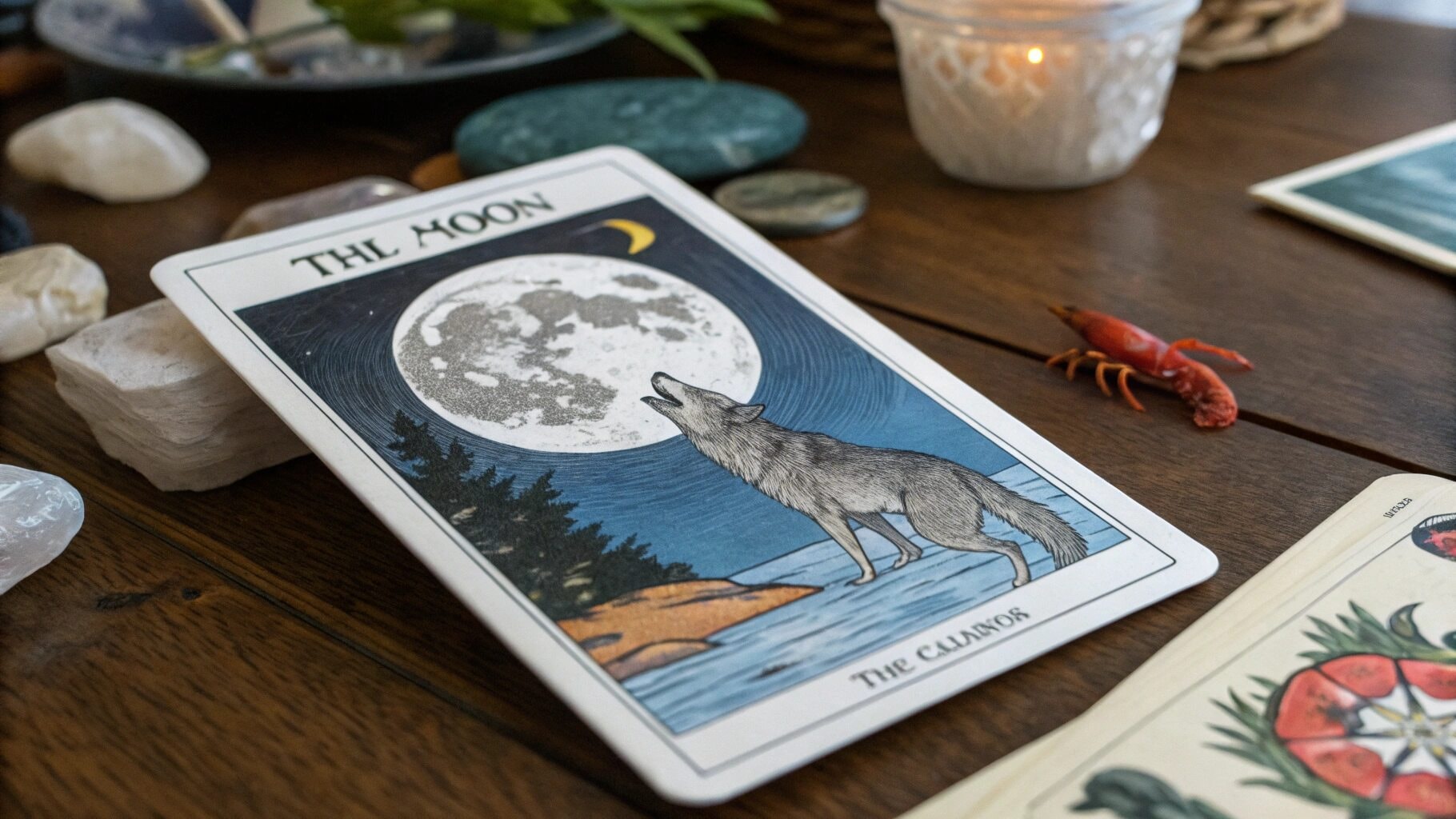 La carta del tarot de la Luna rodeada de cristales, que simboliza la intuición del zodíaco del 21 de febrero.