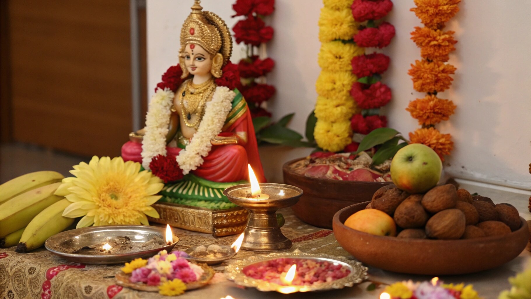 Lakshmi Puja setup with diyas and flowers for Diwali 2025.