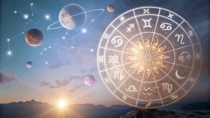 Escena celestial con rueda zodiacal, planetas y constelaciones que representan temas de signo solar y signo del zodiaco.