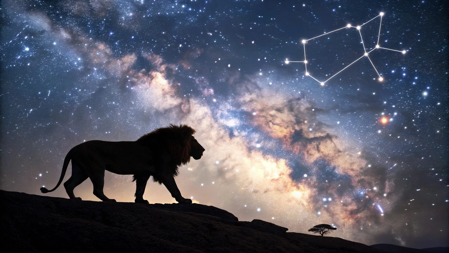 A lion under a starry sky with the Leo constellation, representing the August 1st zodiac traits.