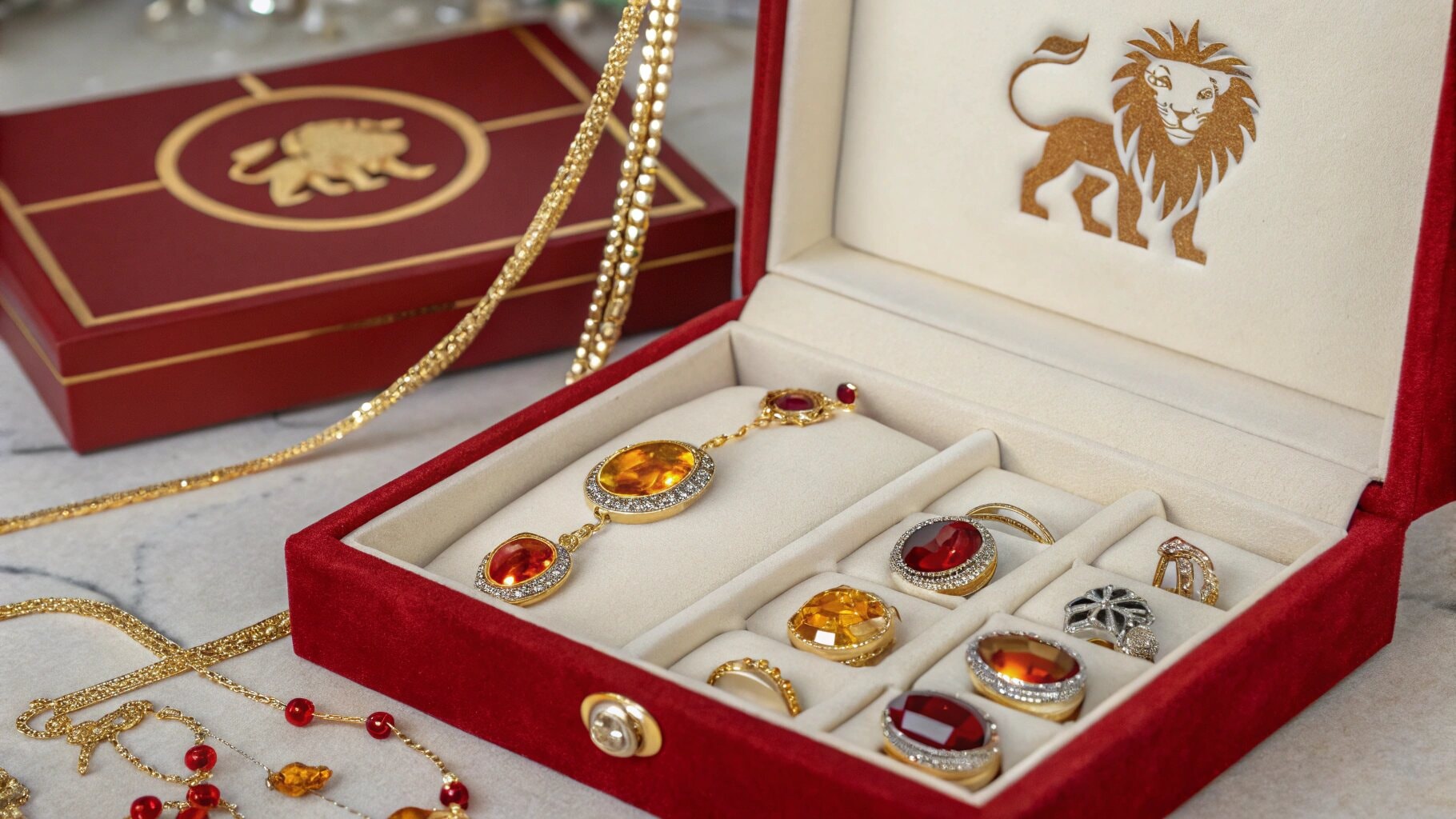 A jewelry box filled with Leo-themed ornaments, celebrating the elegance of the August 1st zodiac sign