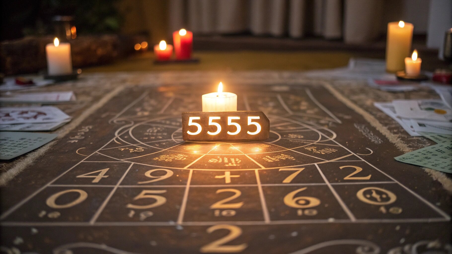 A glowing numerology chart with the number “5555” highlighted at the center, symbolizing transformation.