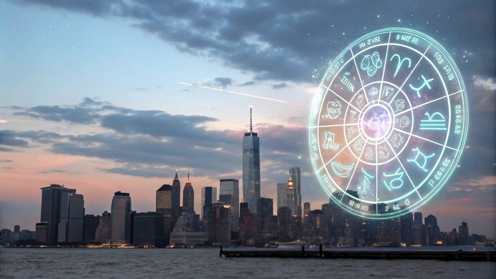 A luminous zodiac wheel over the New York skyline, showcasing the artistry of New York astrologers.