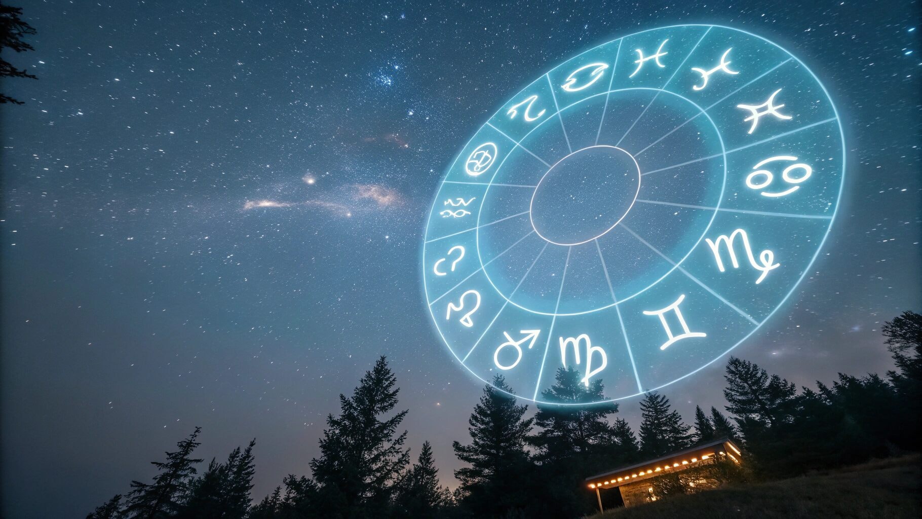 A glowing zodiac wheel in the night sky representing zodiac sexual compatibility