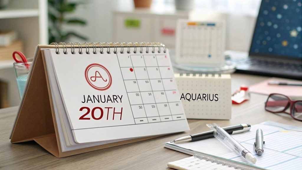 20 gennaio Calendario zodiacale che evidenzia il giorno della cuspide dell&#39;Acquario.