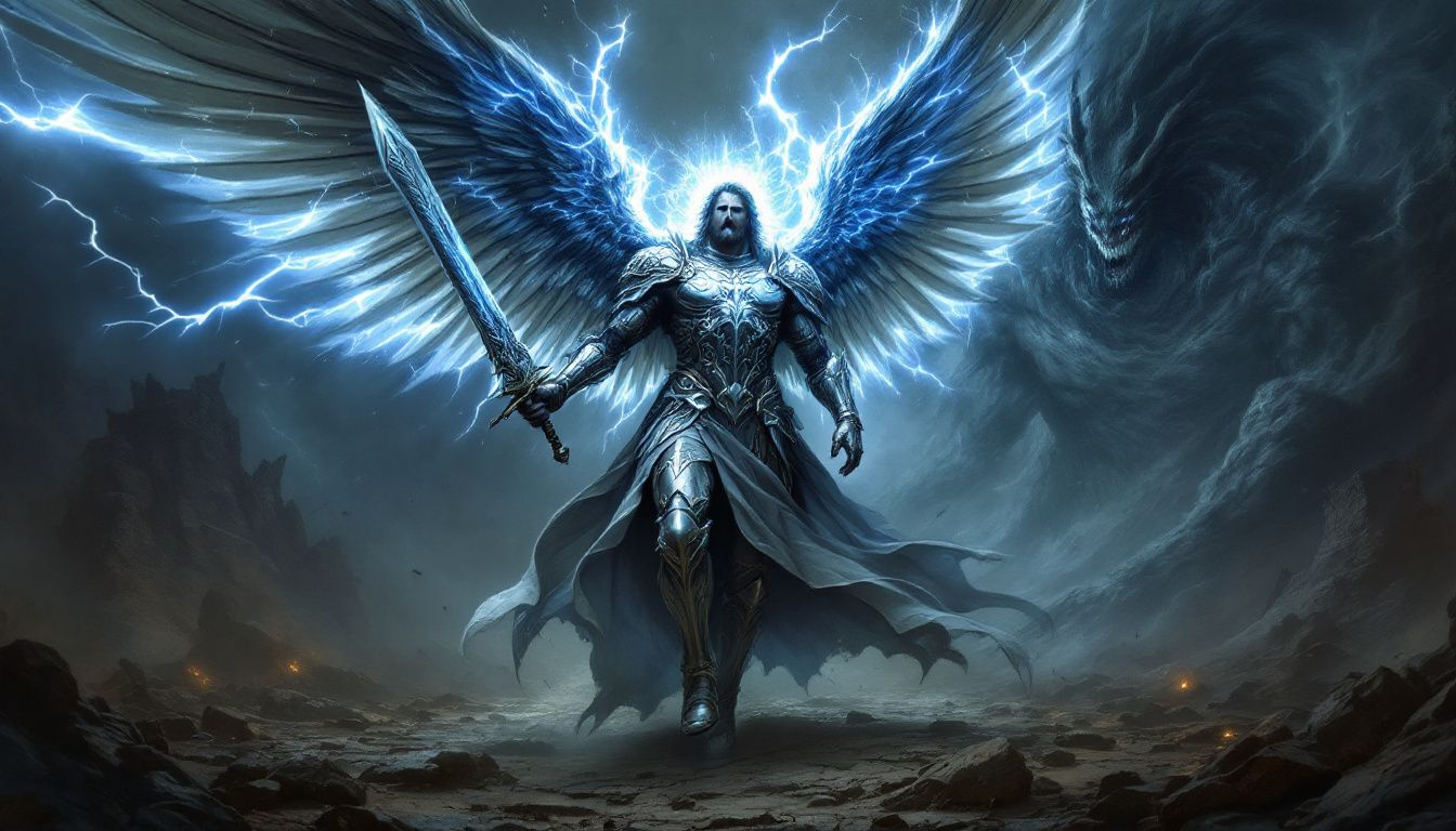 The Archangel Michael depicted as a warrior battling against evil forces.