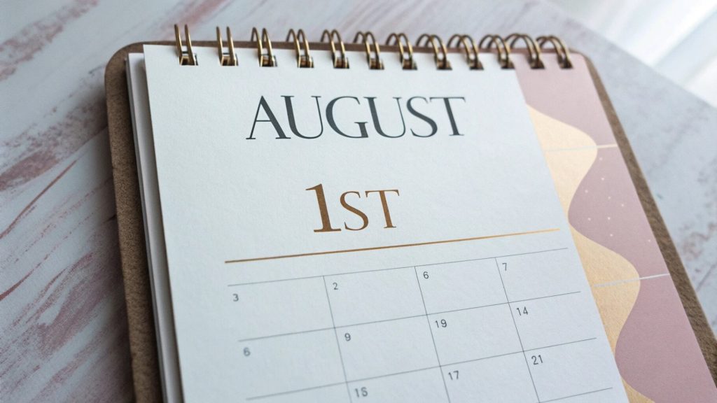 A calendar highlighting August 1st, symbolizing the significance of the August 1st zodiac for Leo