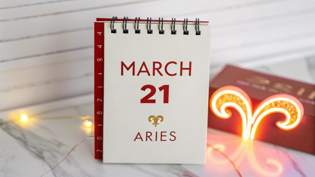 Un calendario elegante con el 21 de marzo resaltado en rojo, con el símbolo del zodiaco Aries que brilla a su lado.