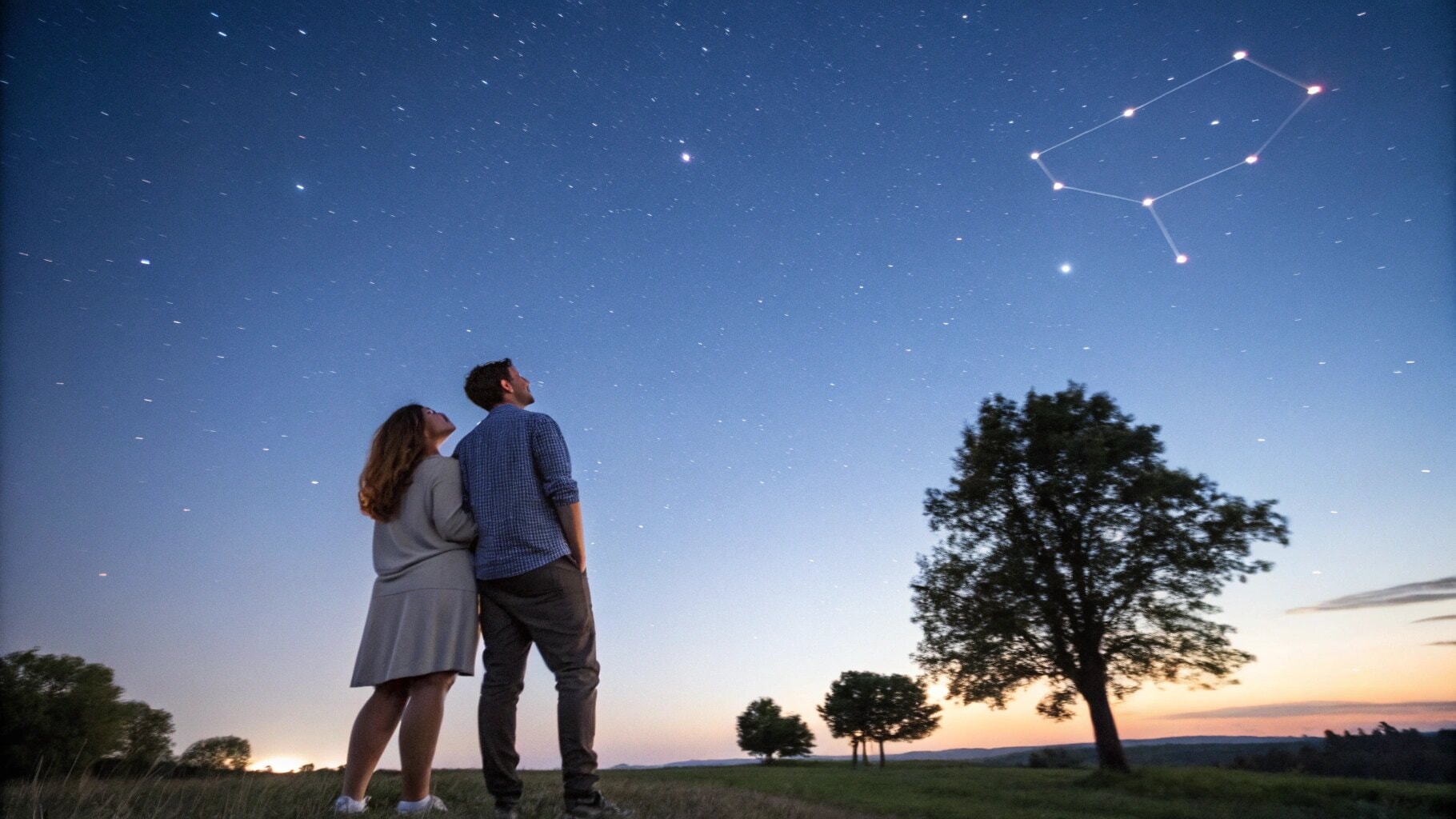 Una pareja de pie bajo el cielo nocturno mirando la constelación de Aries, simbolizando el amor y la compatibilidad del zodiaco del 21 de marzo.