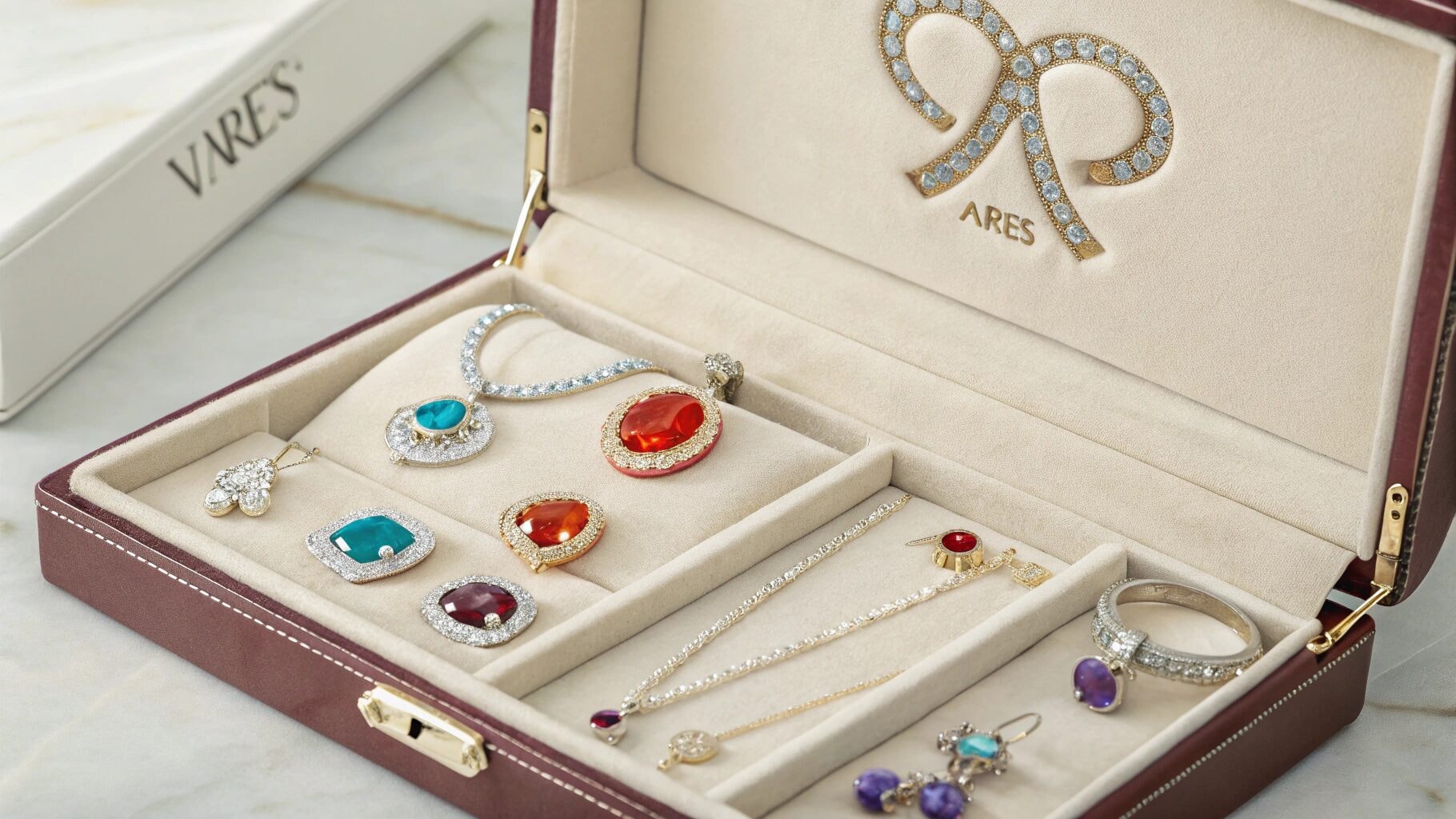 Joyero que muestra joyas Aries Birthstone como diamantes y amatistas para el zodiaco del 21 de marzo.