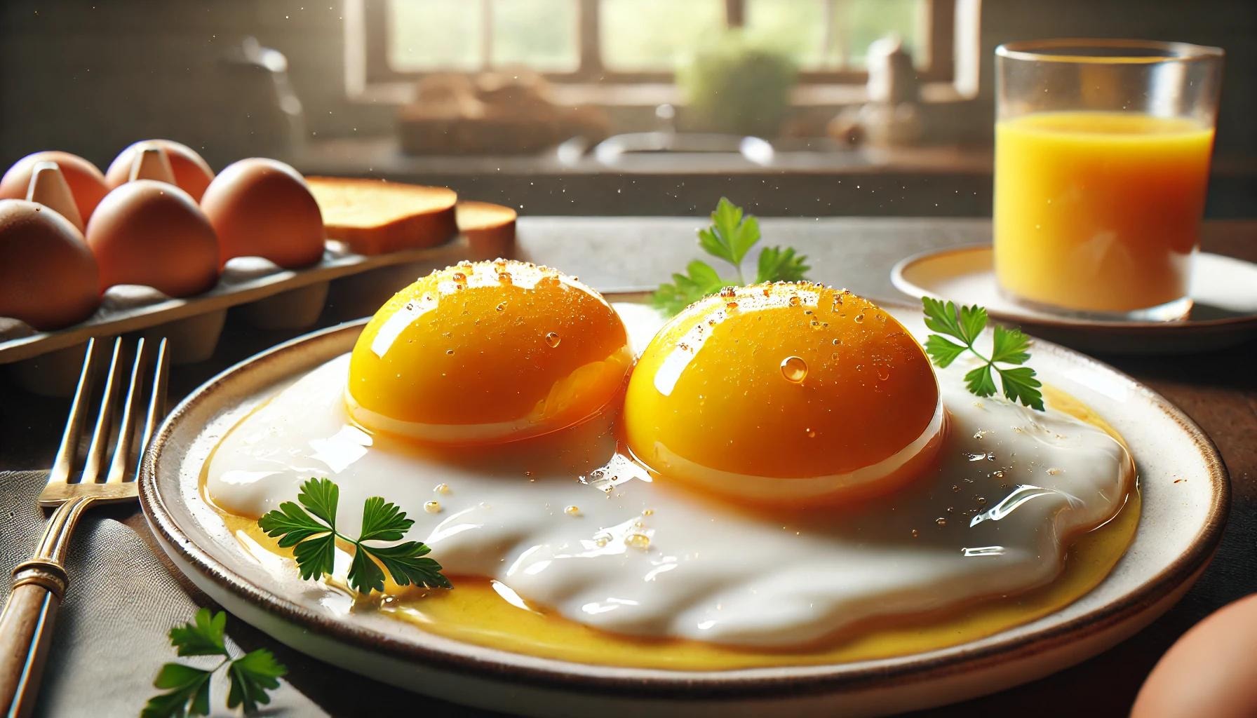 Eier mit doppeltem Eigelb und der Sonnenseite nach oben mit Toast.