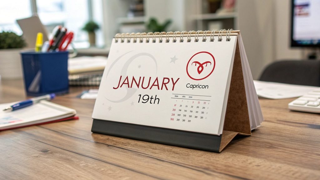 A desk calendar highlighting January 19th zodiac Capricorn.