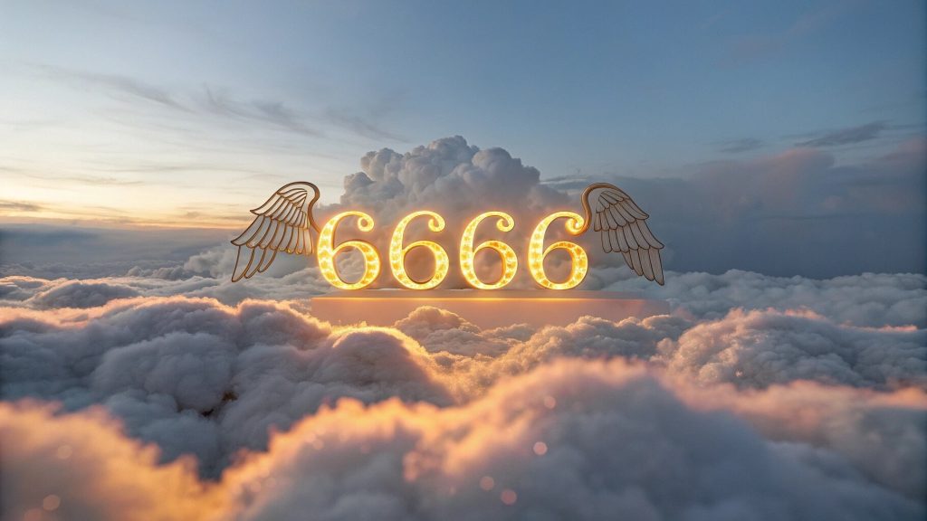 6666 天使号在宁静的蓝天中闪耀着金色的光芒，天使的翅膀和柔软的云彩。