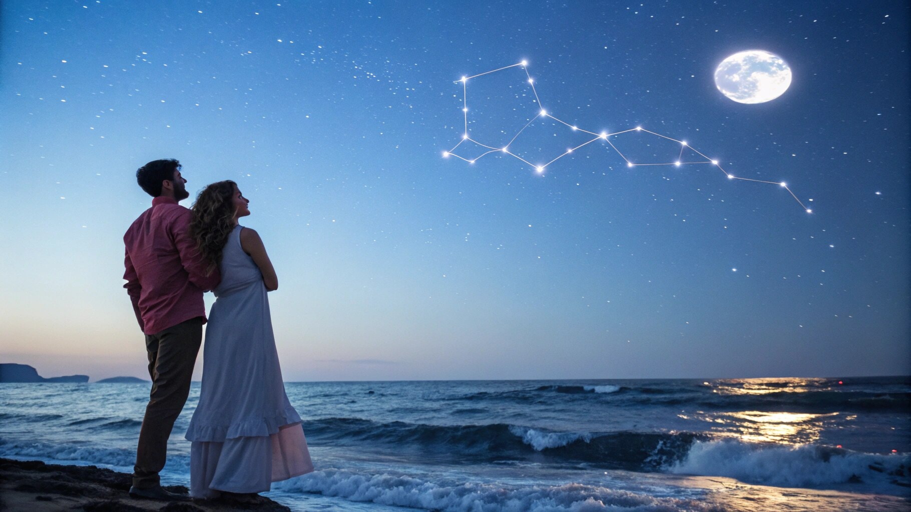 Pareja mirando la constelación de Piscis bajo un cielo nocturno estrellado del zodiaco del 21 de febrero.