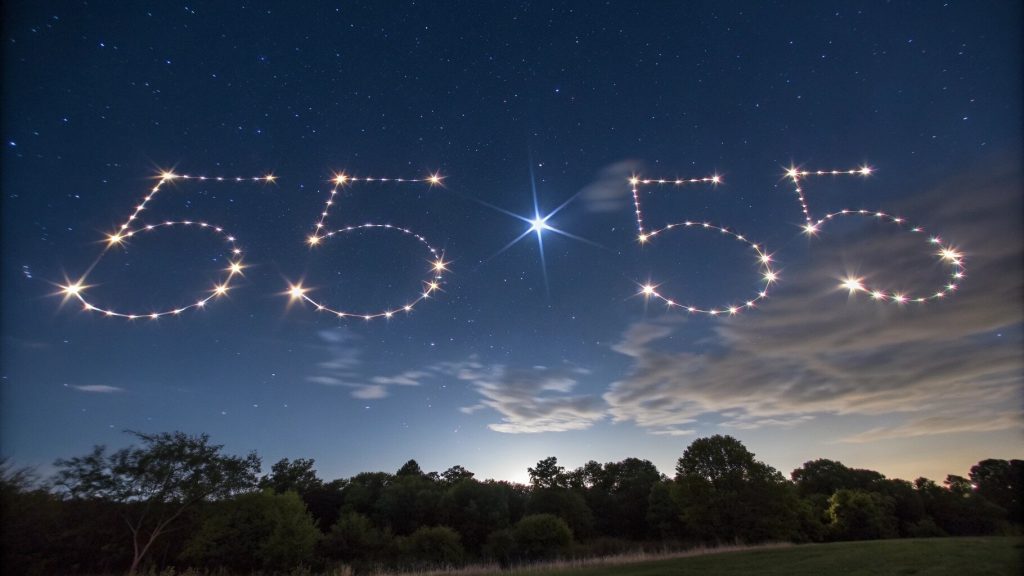 Glowing number sequence “5555” floating in a serene, starry night sky.