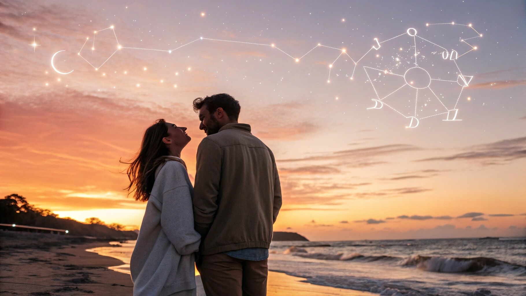 couple under a sunset with zodiac constellations, reflecting the love traits of the August 1st zodiac