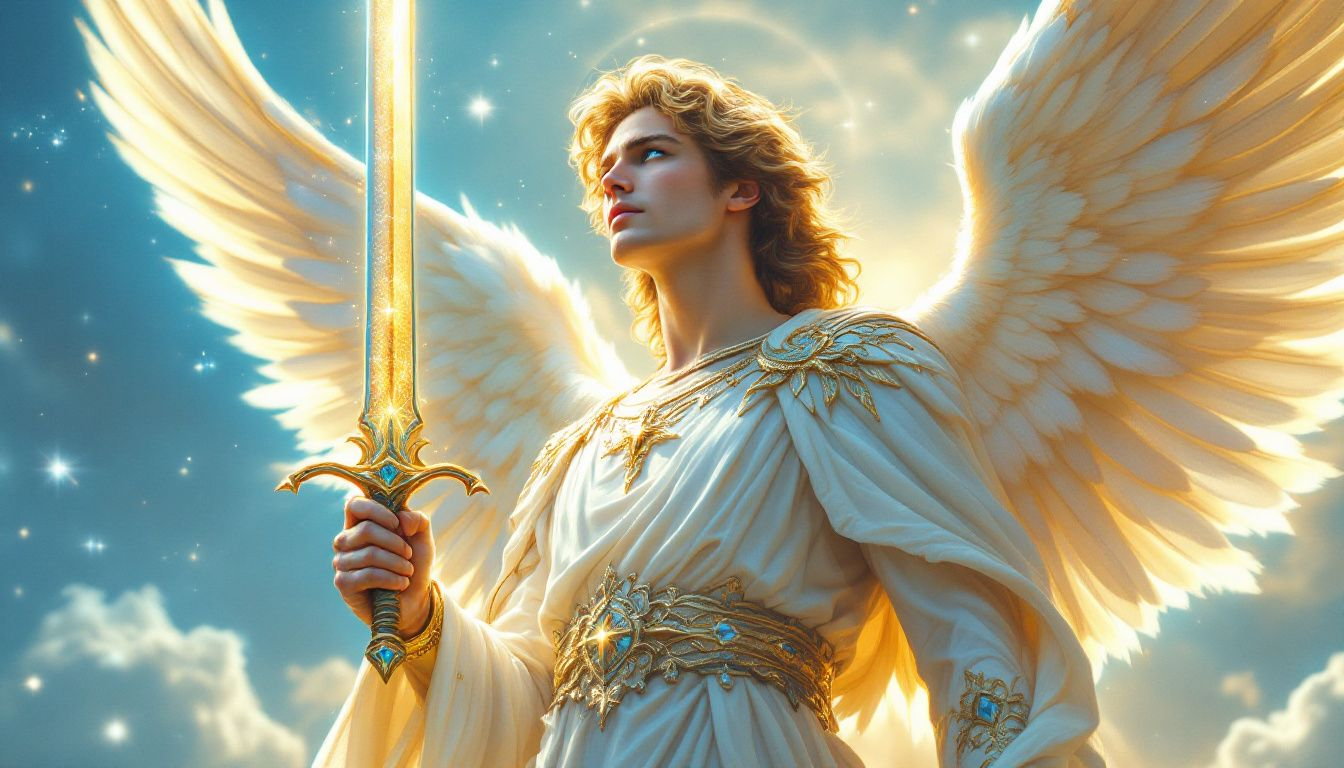 Archangel Michael depicted in a protective stance.