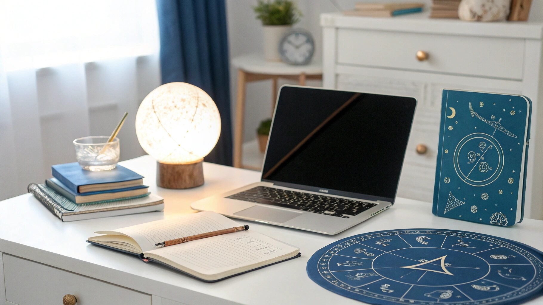 Desk di studio organizzato con grafico zodiacale per i tratti zodiacali del 20 gennaio