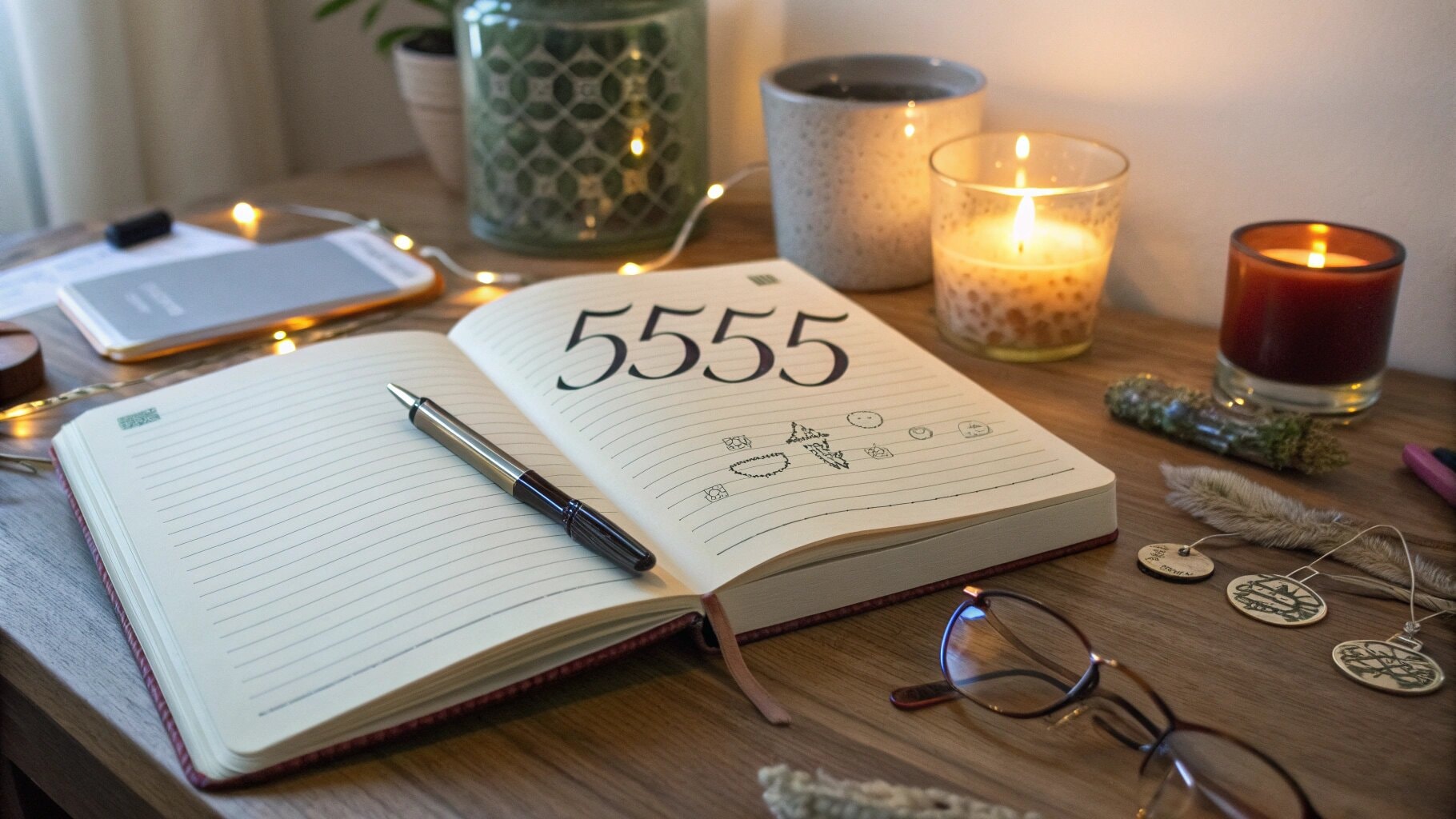  Open journal on a cozy desk with the number “5555” written, surrounded by a pen, glasses, and candlelight, symbolizing personal growth