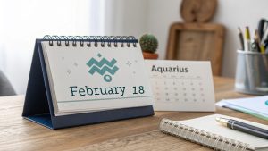 18 de febrero fecha zodiacal marcada en un calendario con el símbolo de Acuario