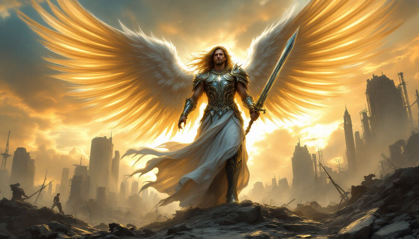 An artistic representation of the Archangel Michael in a biblical context.