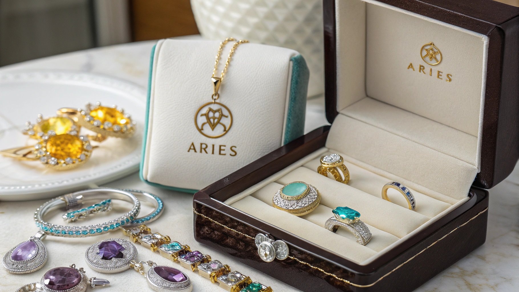 Coleção de jóias de Aries Birthstone com aquamarina, citrina e ametista, simbolizando a energia do 22 de março do zodíaco.