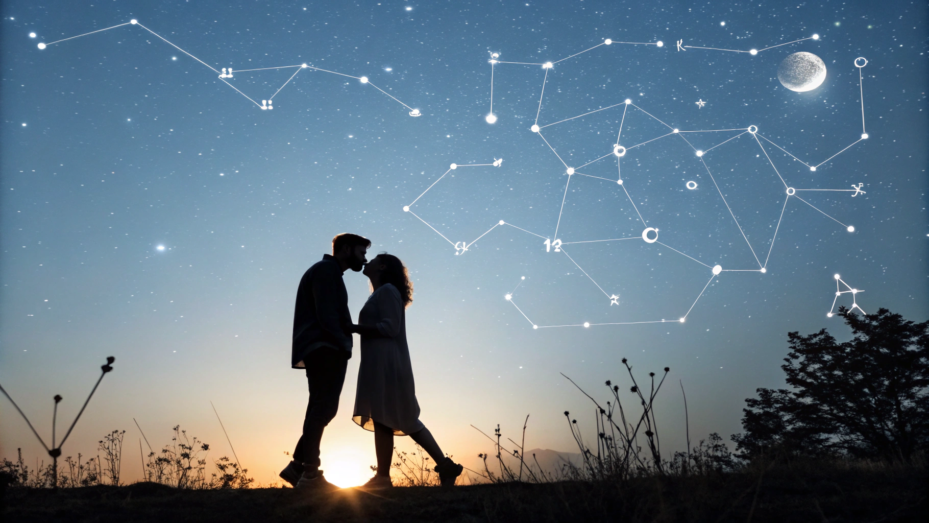 A couple kissing under constellations, representing love and zodiac sexual compatibility