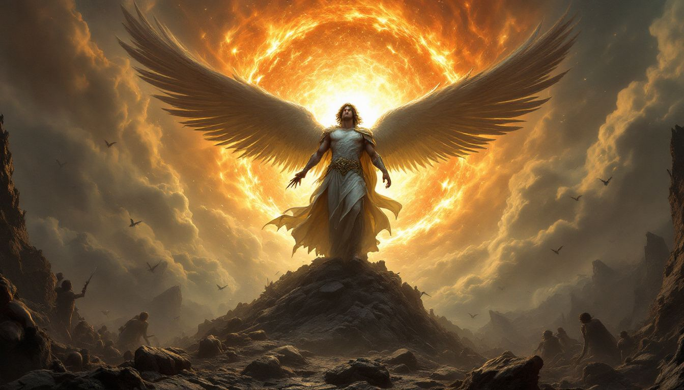 The Archangel Michael interacting with other angels in a heavenly setting.