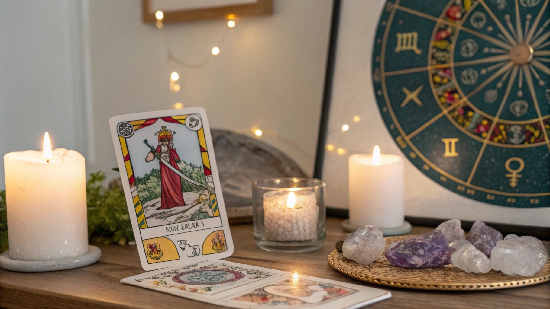 A tarot reading setup featuring The Hierophant card  representing the spiritual and intuitive aspects of the April 20th zodiac.