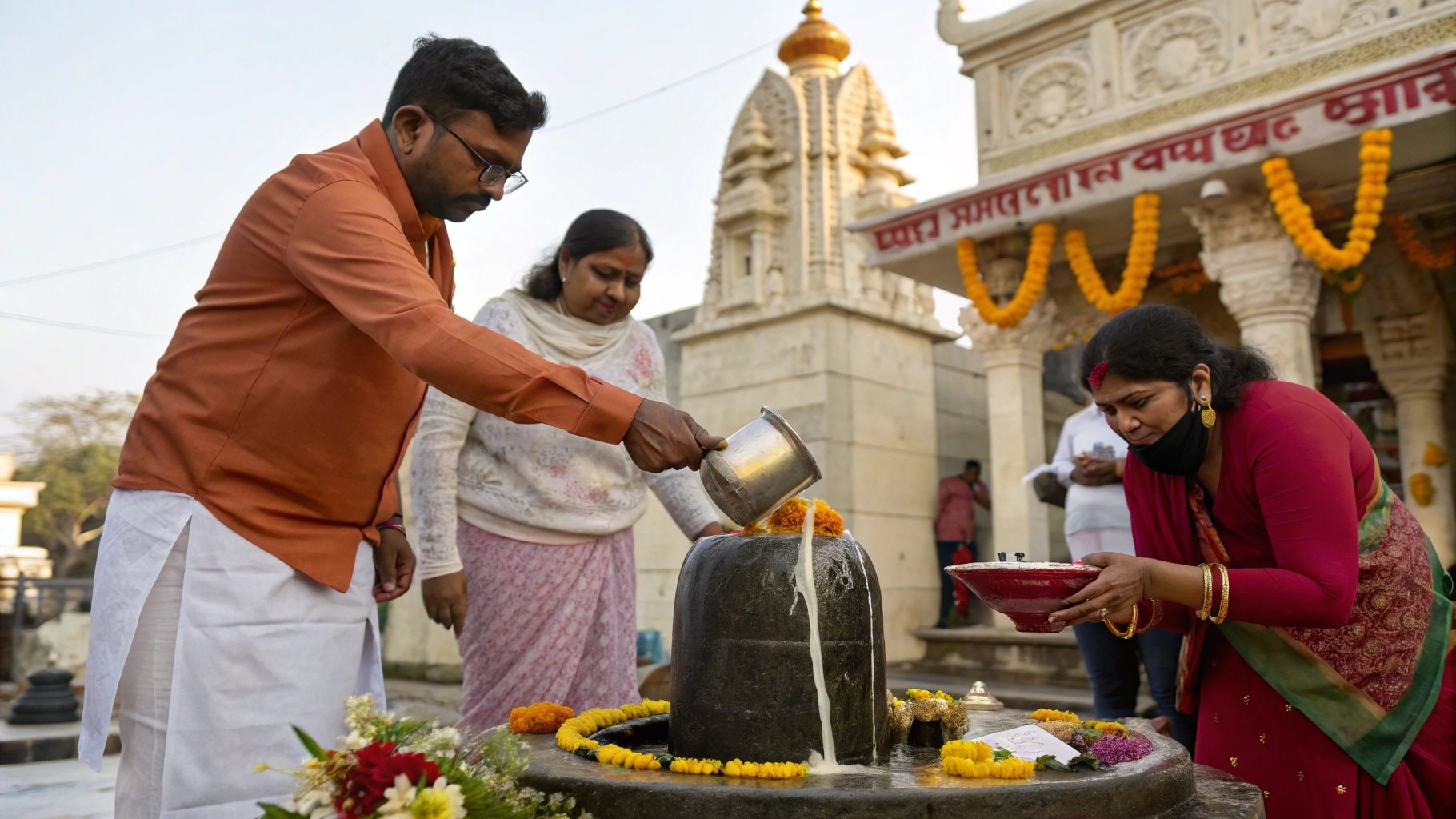 महा शिव्रात्री के सम्मान में एक फूल से भरे मंदिर में एक शिव लिंगम पर दूध डालकर अभिषेक का प्रदर्शन करते हुए भक्त