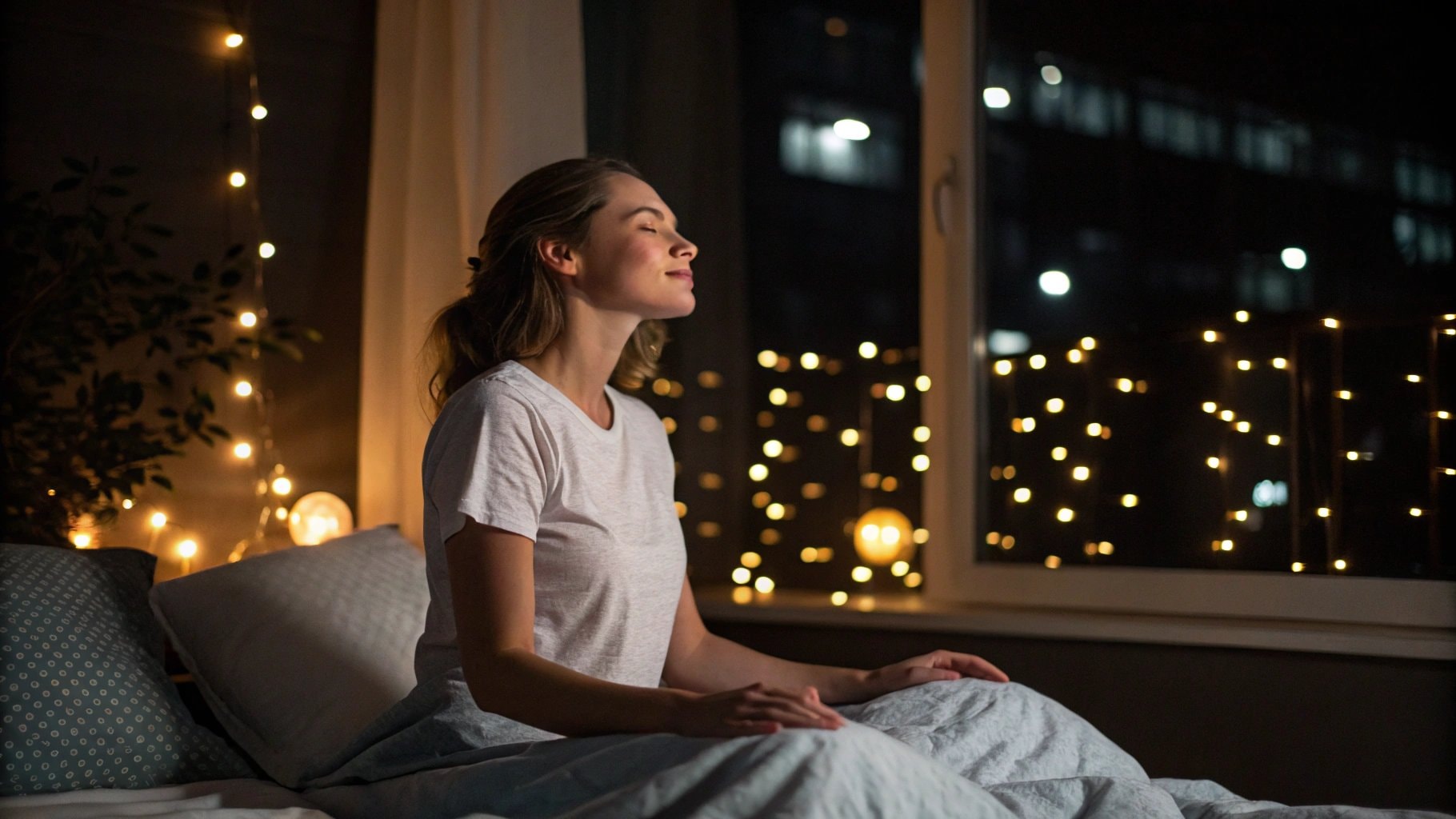 Una donna seduta a letto di notte, praticando meditazione e consapevolezza