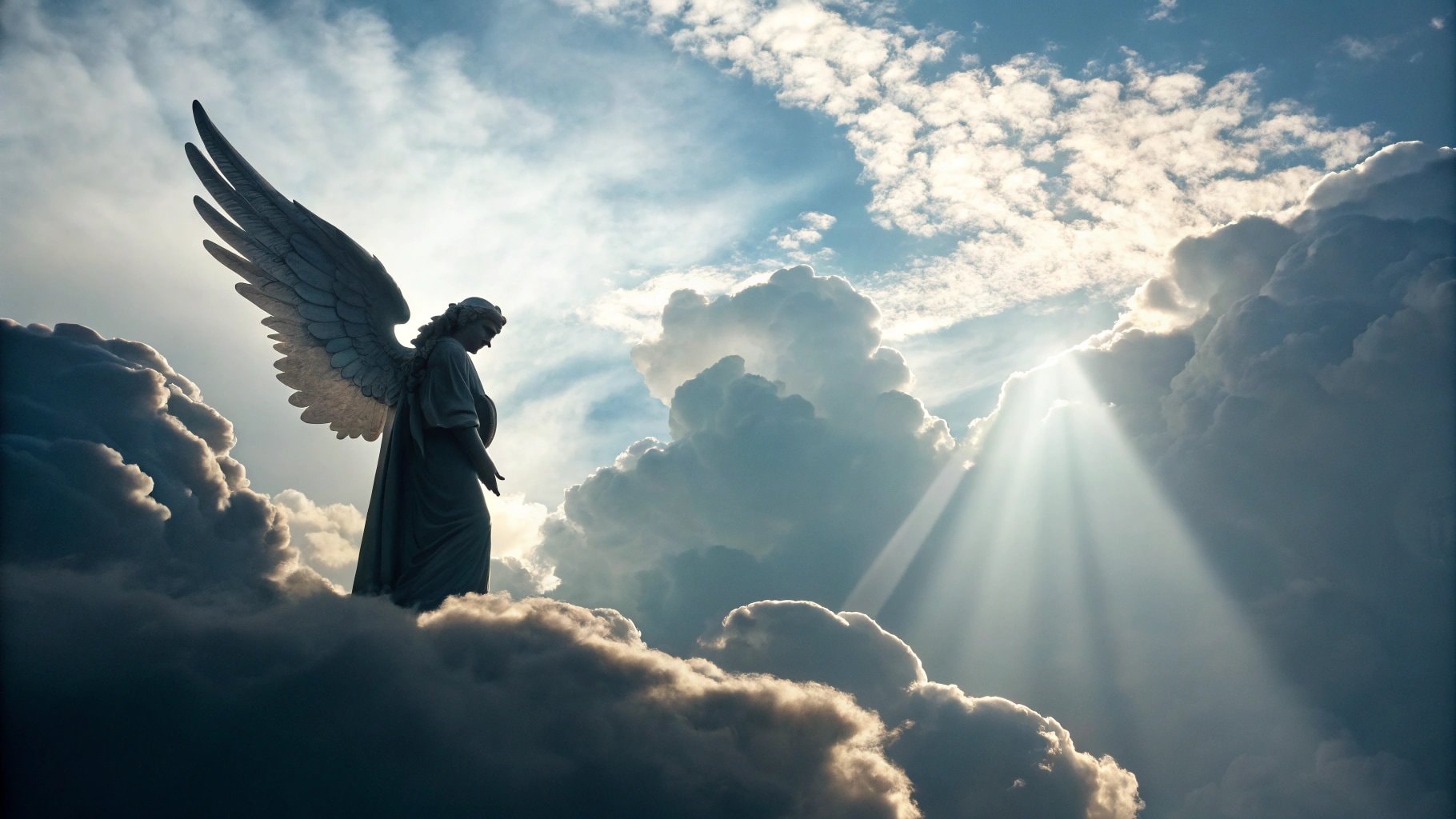 angel standing among clouds with rays of divine light shining through