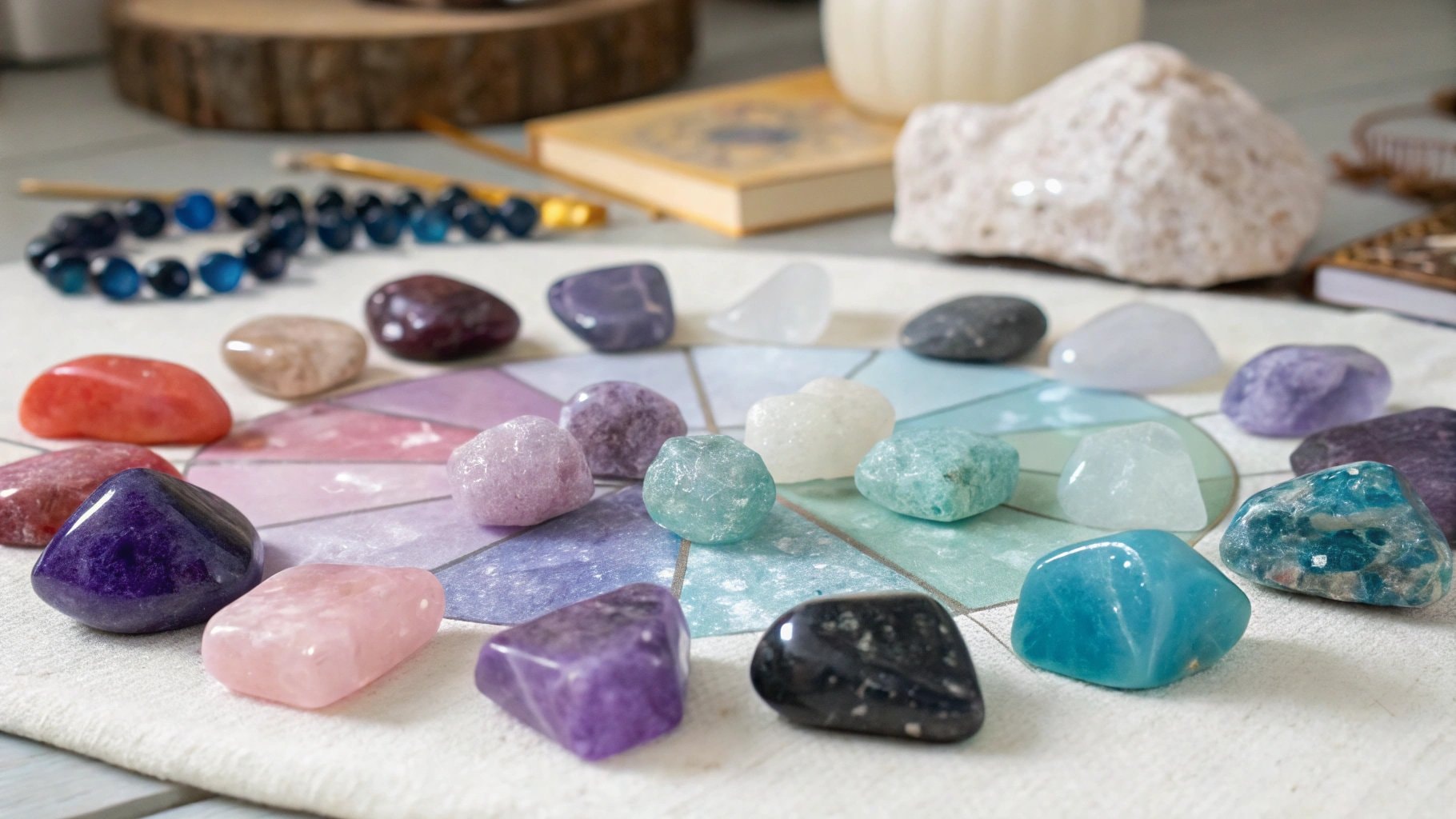 collection of colorful crystals for stress and anxiety 