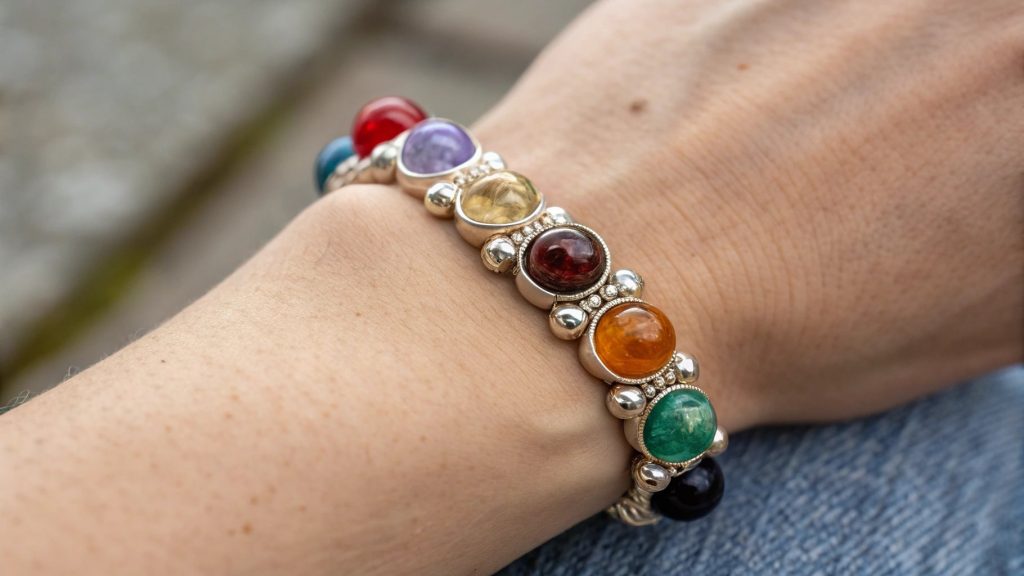 Pulseira de cura de chakra usada no pulso de uma pessoa como um cristal para o estresse e alívio da ansiedade.