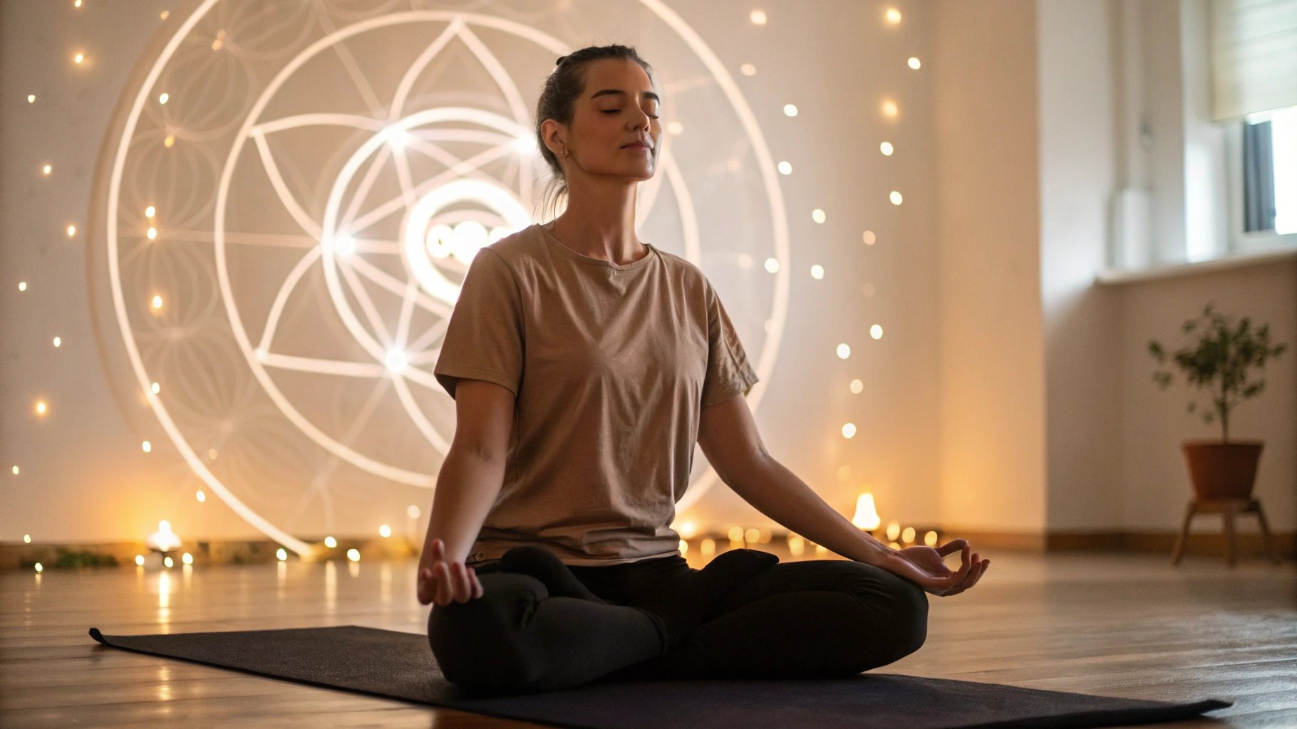 A woman practicing transcendental meditation in a peaceful yoga space with soft lighting.