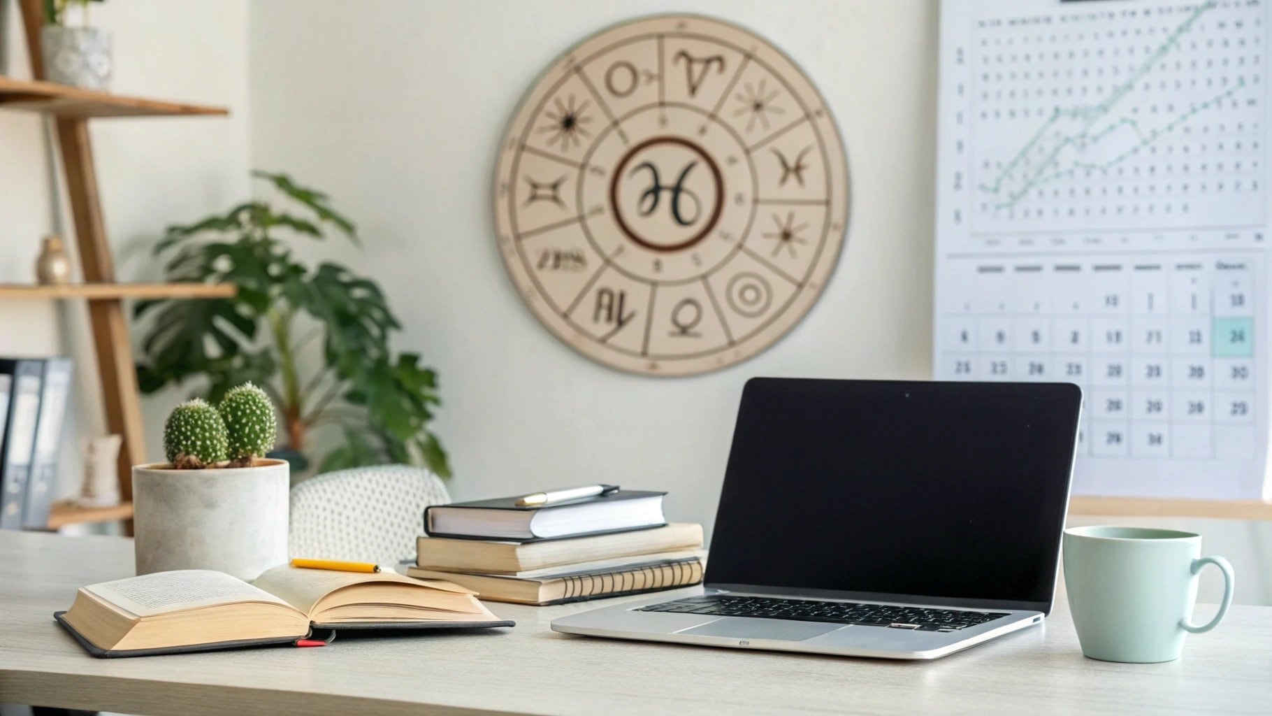 A workspace with a zodiac chart and calendar for May 21st Zodiac career insights.           Select 86 more words to run Humanizer.