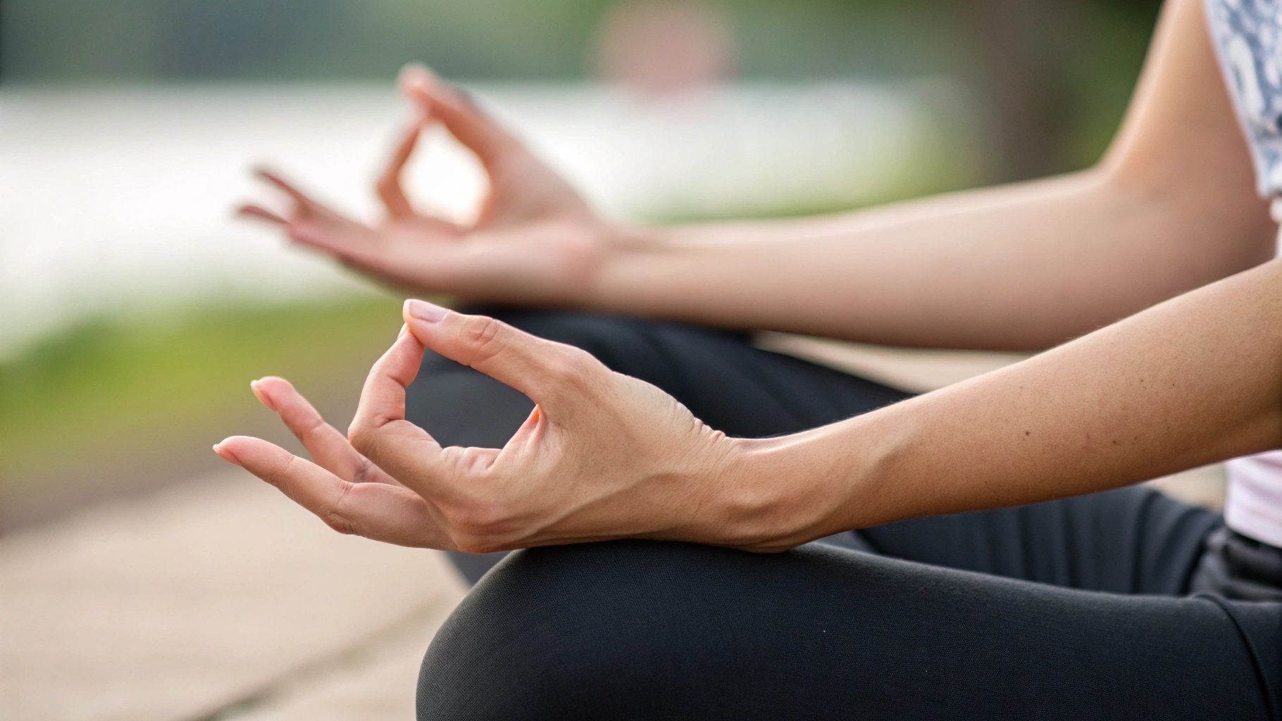  Close-up of hands in a meditative posture during transcendental meditation practice.