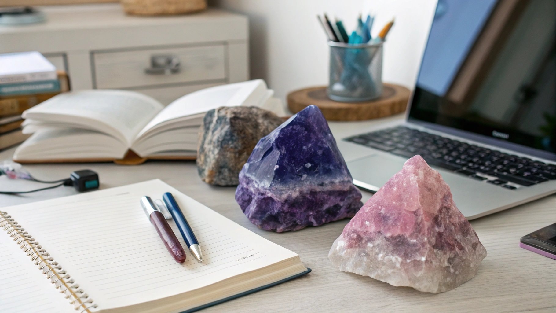 Amethyst- und Rosequarzkristalle für Stress und Angst, die neben einem Laptop eine fokussierte und beruhigende Arbeitsumgebung schafft.