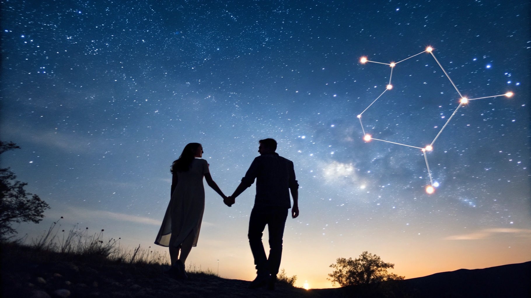 A couple under a starlit sky with a glowing zodiac constellation