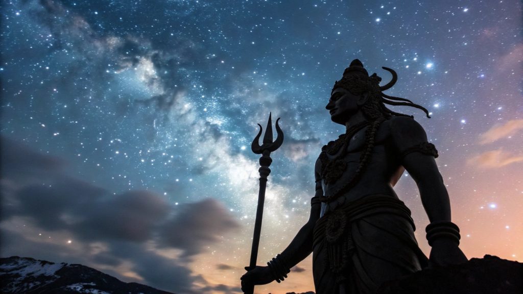 Lord Shiva Statue tenant un trident contre un ciel nocturne étoilé pendant Maha Shivratri