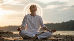 Persona che medita all&#39;aperto al tramonto, che brilla di pace interiore attraverso la meditazione trascendentale.