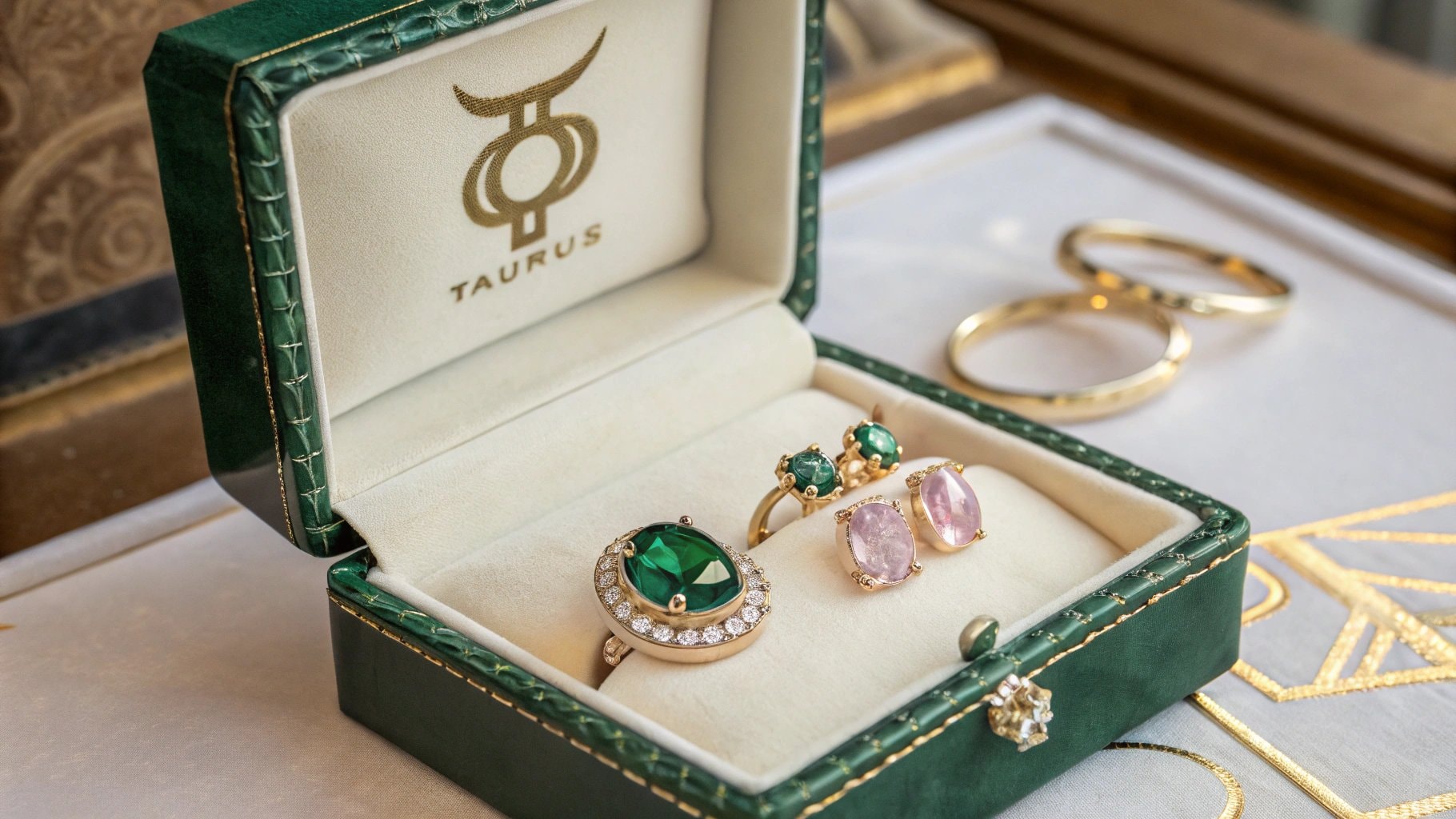 A luxurious jewelry box representing the birthstones of the April 20th zodiac.