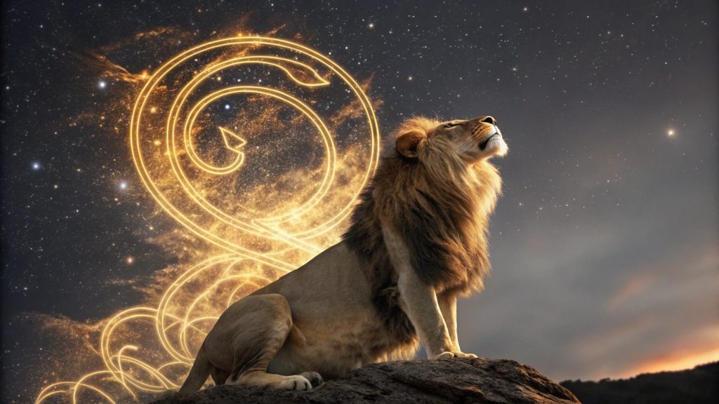 Een majestueuze leeuw met een gloeiend Leo Zodiac -symbool op de achtergrond, die de Leo North Node -energie vertegenwoordigt