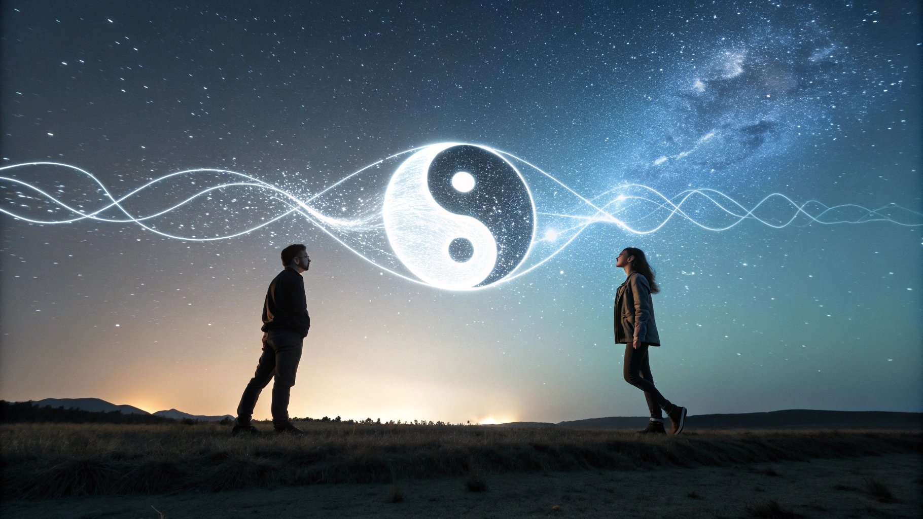 a glowing yin-yang symbol and swirling energy waves, representing karmic balance in relationships.