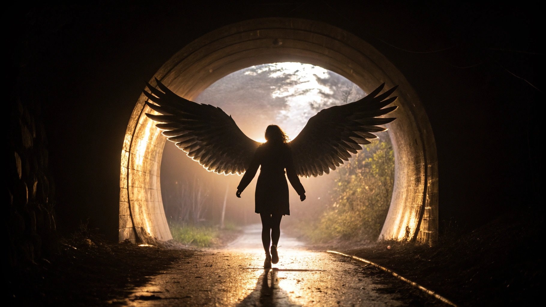 angel of death with dark wings walking alone on a misty bridge.