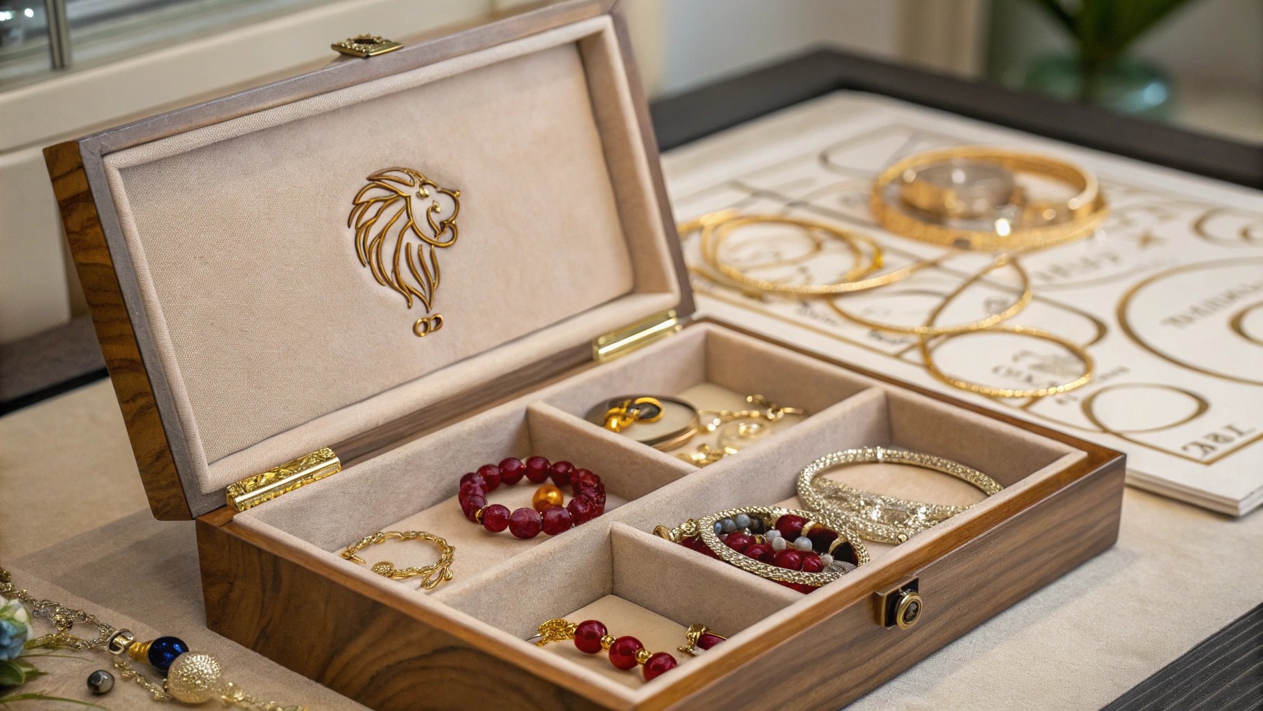 jewelry box filled with ruby and gold jewelry, representing the birthstone for the July 24th zodiac.