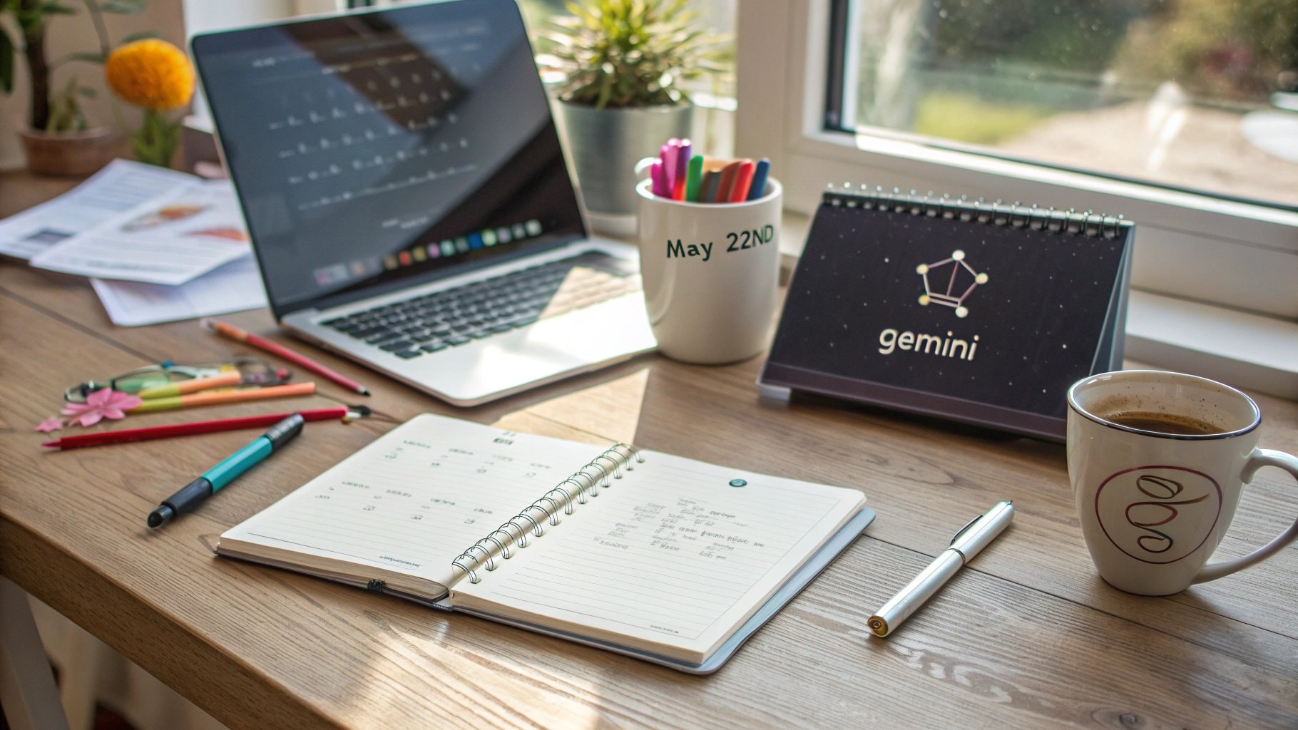 A well-organized desk with a notebook, laptop, and a calendar displaying May 22nd Zodiac