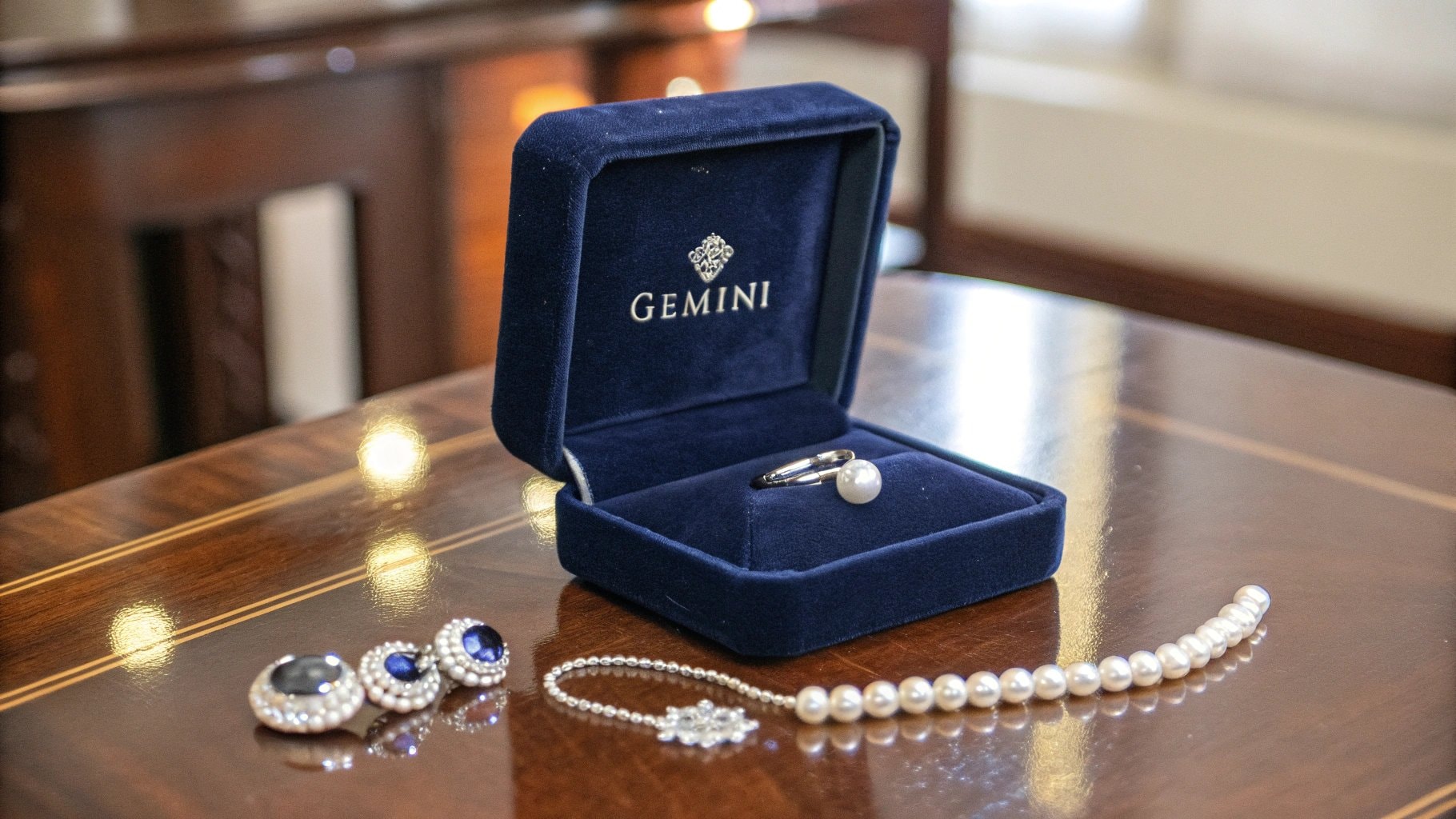 A luxurious velvet jewelry box with the Gemini sign symbolizing May 22nd Zodiac birthstones.